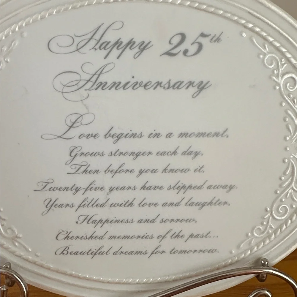 Elegant 25th Anniversary Plaque with Stand. White With Silver Writing. 7x5.5”